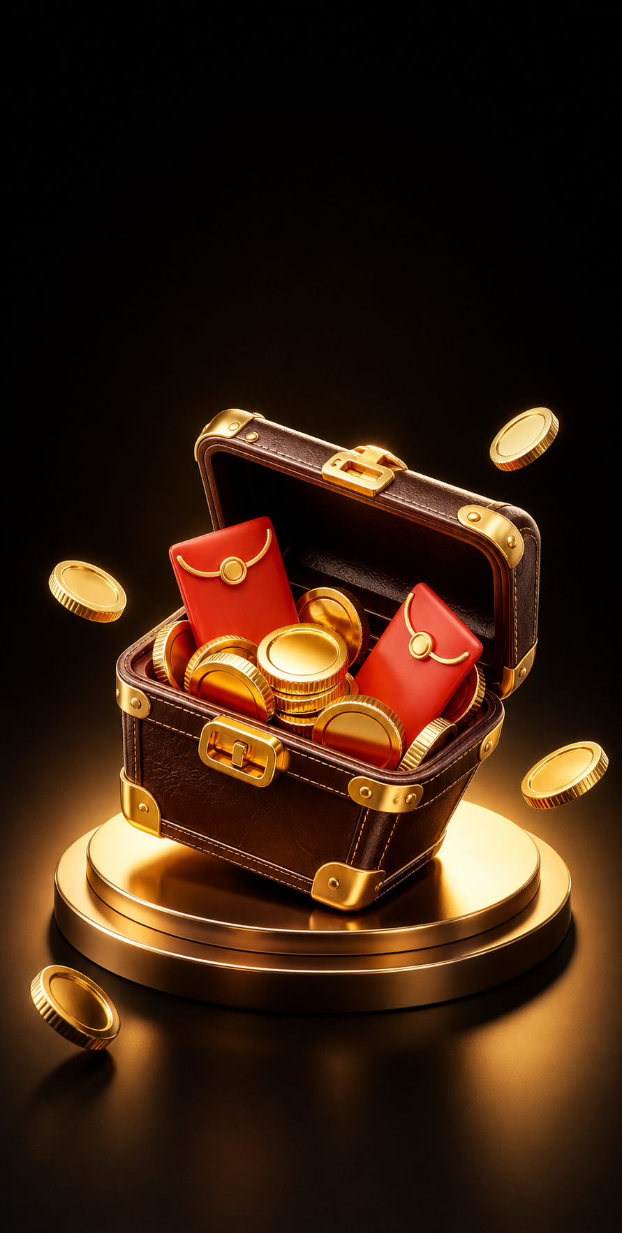 An open leather case filled with gold coins and red envelopes